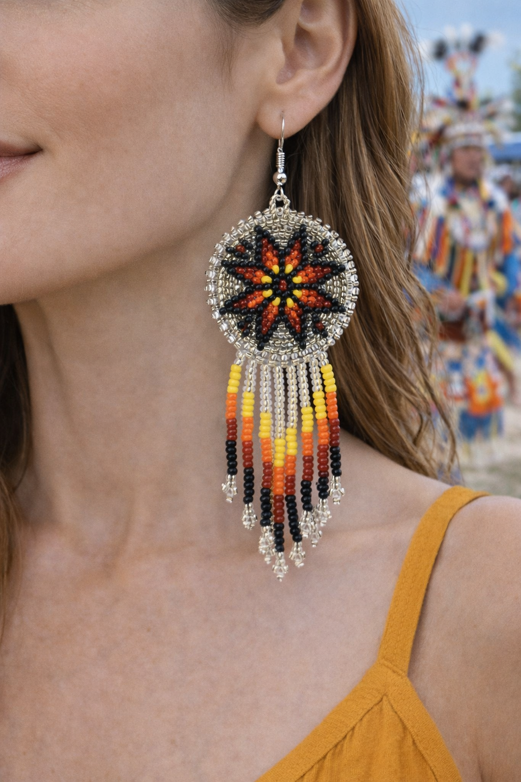 Handmade Beaded Silver Fire Color Round Fringe Hook Earrings