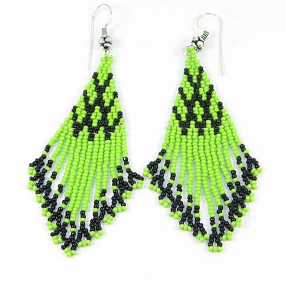 Vibrant Green & Black Beaded Fringe Earrings