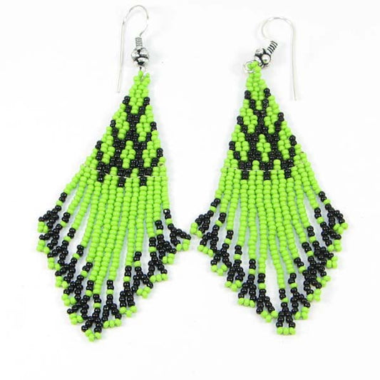 Vibrant Green & Black Beaded Fringe Earrings