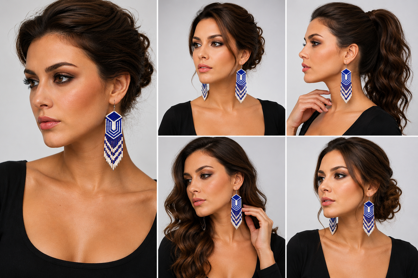 Bohemian Blue & White Fringe Earrings – Lightweight Handmade Czech Bead Earrings