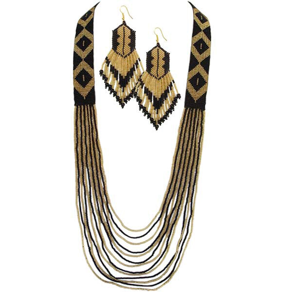 Handmade Beaded Gold Black Layered Necklace Earrings Set