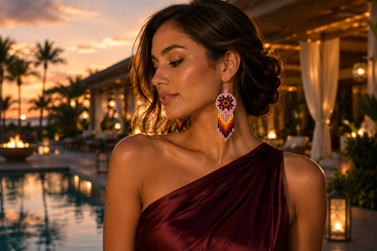 Handmade Beaded Pink Fire Color Round Fringe Hook Earrings