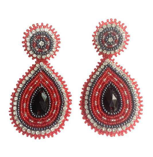Handmade Beaded Teardrop Shape Post Earrings with Czech Seed Beads - 3 Inches Long, 1.5 Inch Wide - Red Black