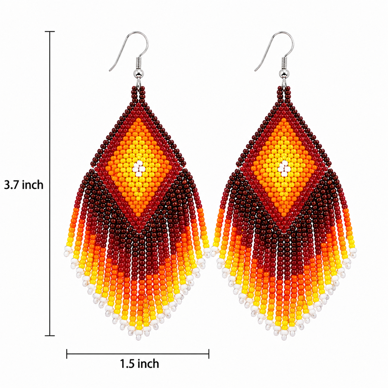 Handcrafted Orange & Yellow Beaded Fringe Earrings – 3.7” Wide Statement Dangle, Czech Seed Beads, Lightweight Artisan Jewelry for Women