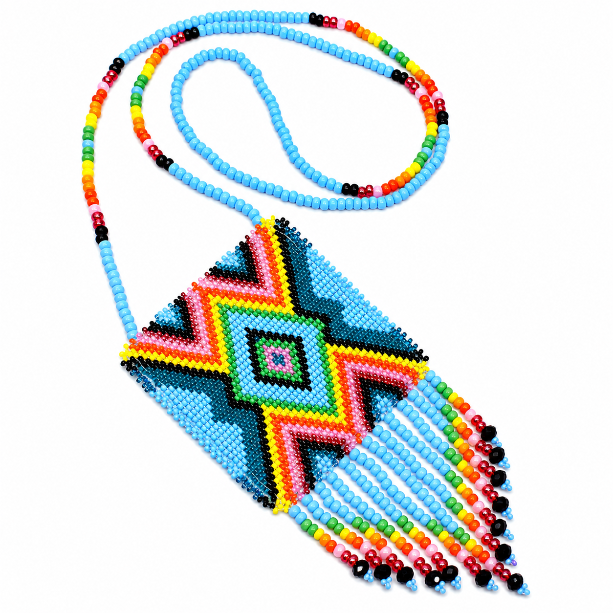 Handmade beaded Cyan Blue Aztec pendant necklace set