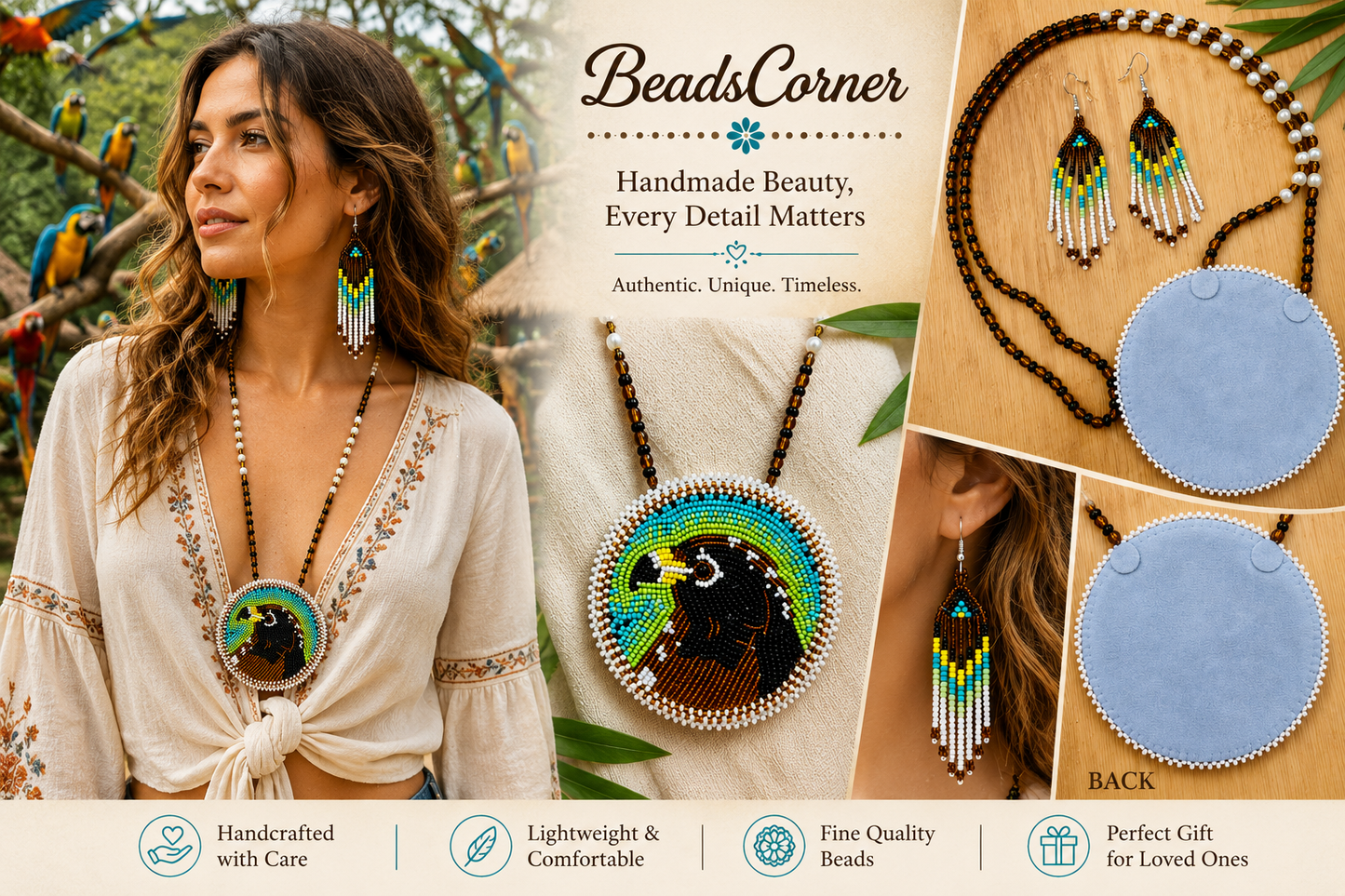 Handmade beaded Hawk Brown necklace earrings set