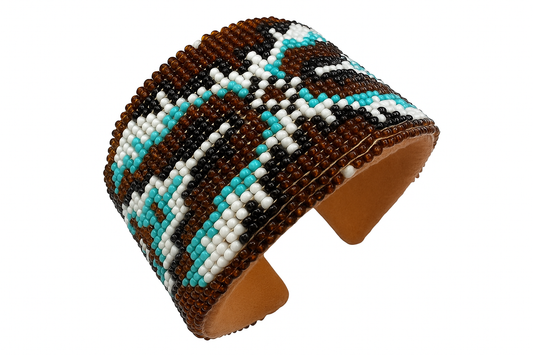 Handmade Beaded Cuff Bracelet – Brown, Turquoise & White 1.5”