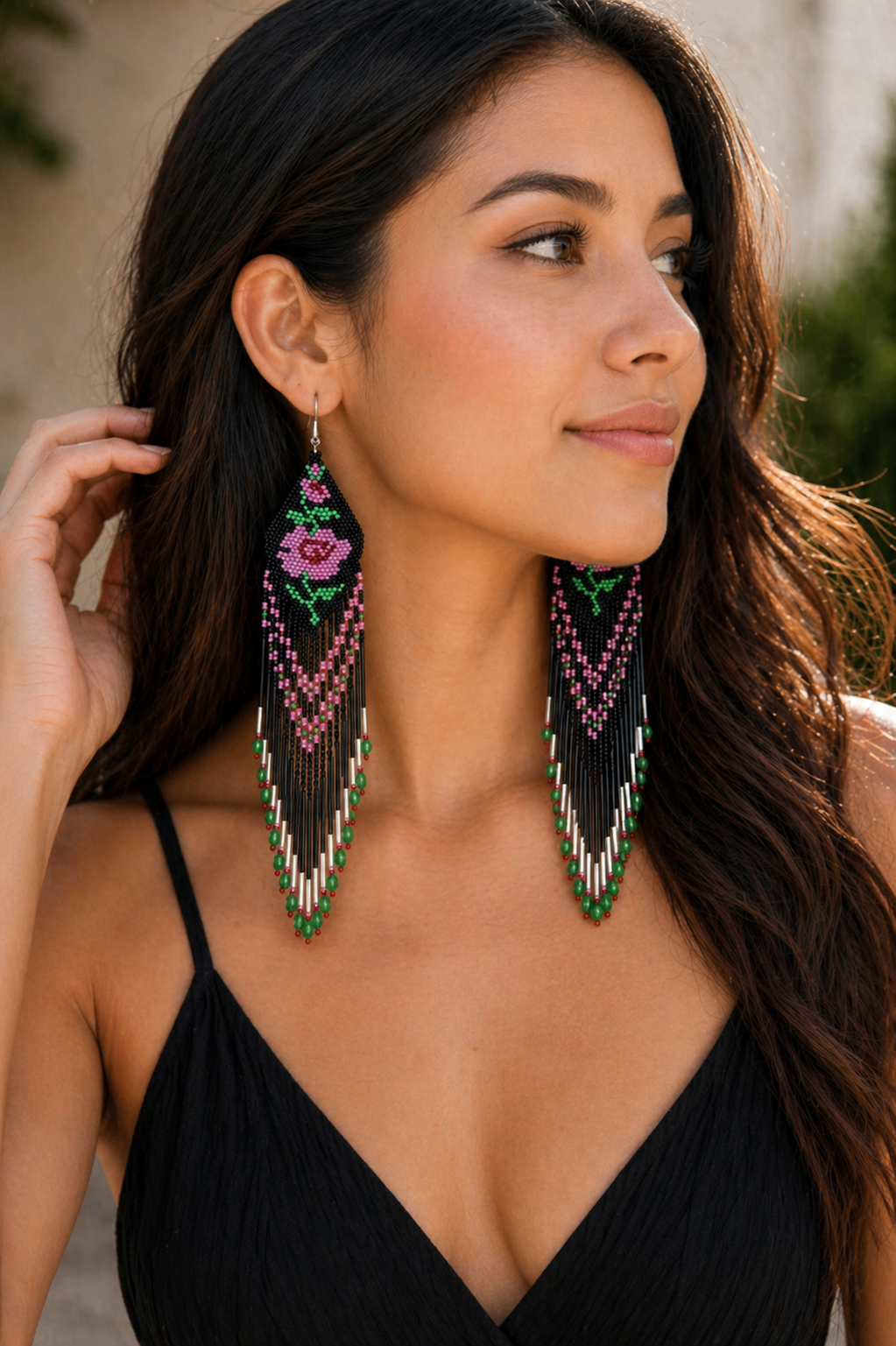 Handmade Glass Beaded Black Pink Rose Design Extra Long Earrings