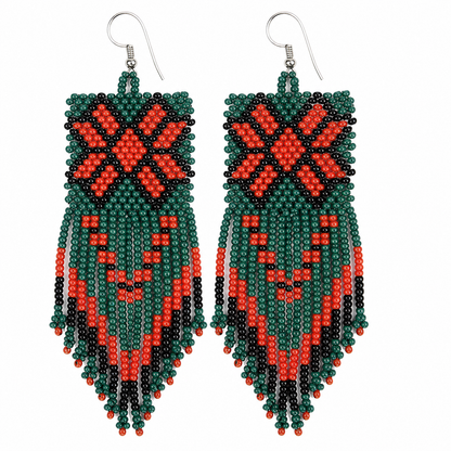 Handmade Beaded Red Green Drop Vacation Party Hook Earrings, great gift