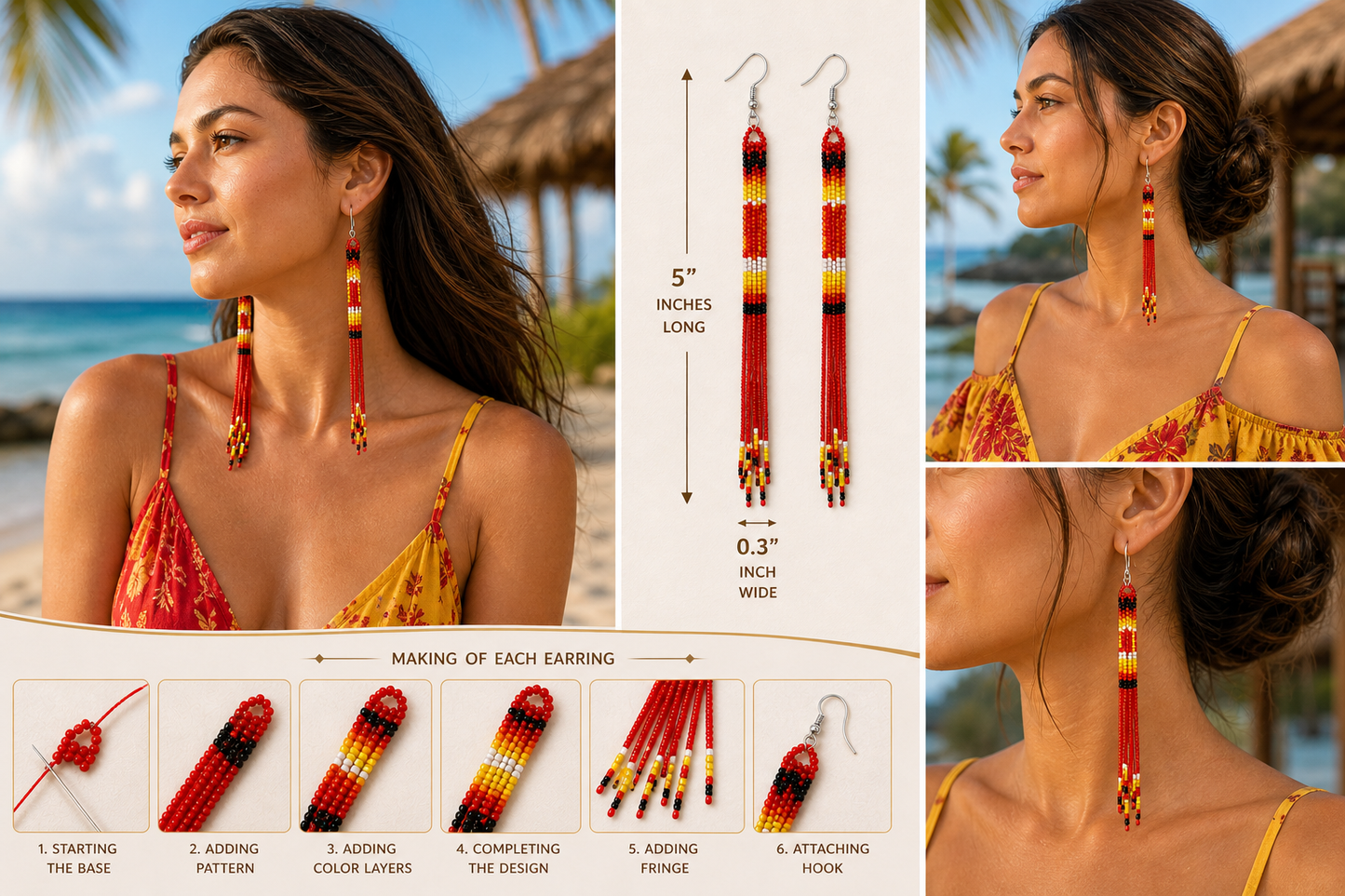 Handmade Beaded Earrings 5 Inch Long - Red