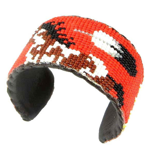Handmade Adjustable Beaded Red Brown White Horse Pattern Cuff Bracelet 1.5" Wide - 7.5" Length