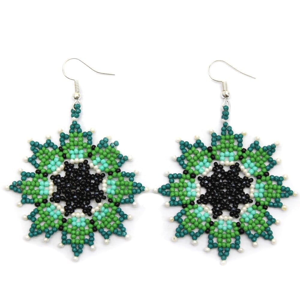 Handmade Beaded Native Style Green Artisan Bohemian Flower Hook Earrings