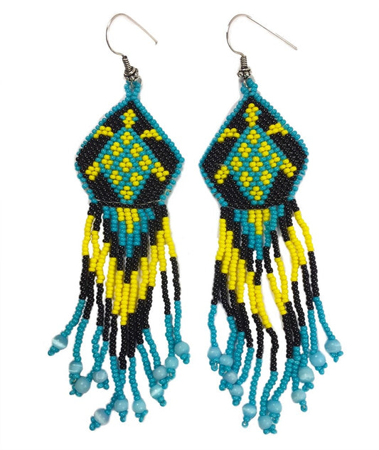 Turquoise Yellow Seed Beaded Turtle Earrings