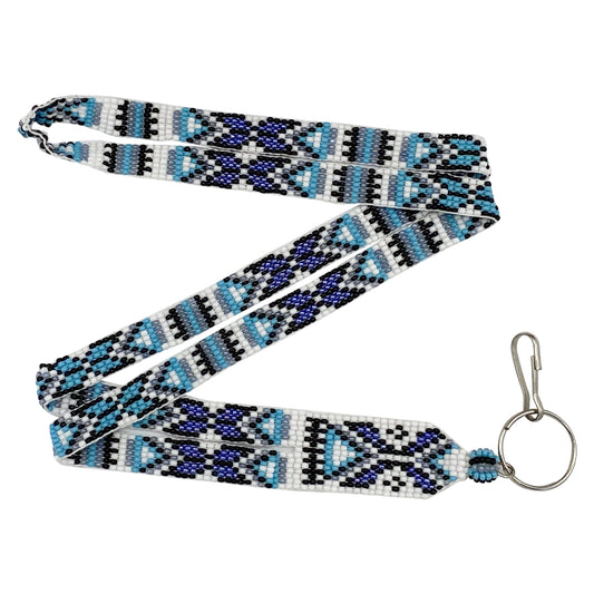 Blue White Black Geometric Art Beaded Lanyard Id Holder Handmade