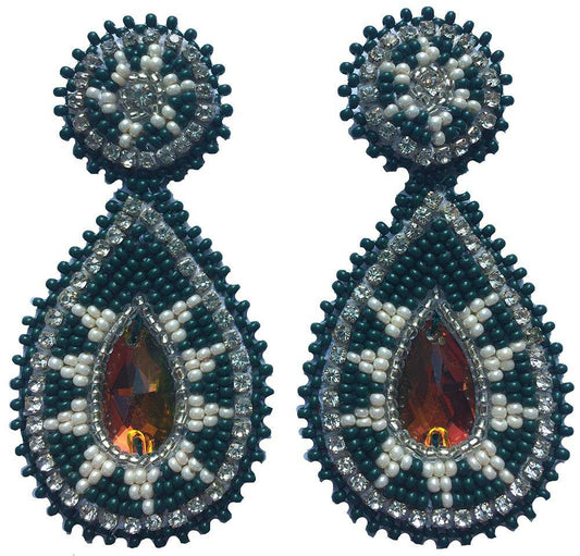 Handmade Beaded Teardrop Shape Post Earrings with Czech Seed Beads - 3 Inches Long, 1.5 Inch Wide - Green White