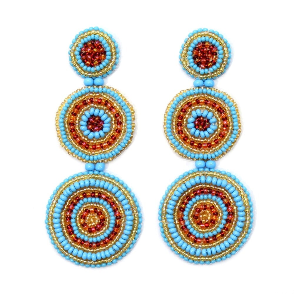 Handmade Beaded Blue Red Color Round Long Post Earrings