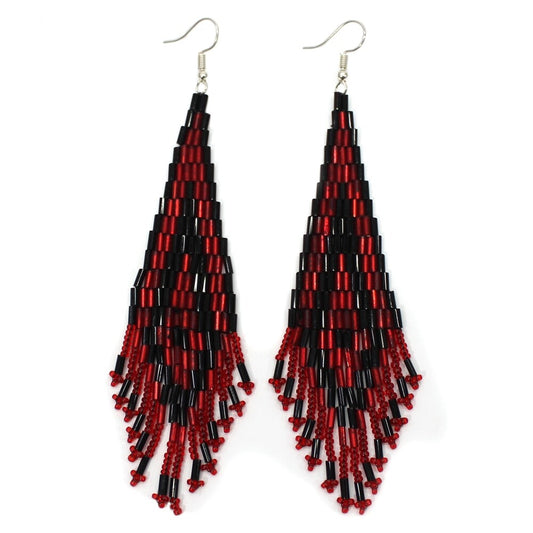 Handmade Beaded Deep Red Bugle Seed Beaded Earrings