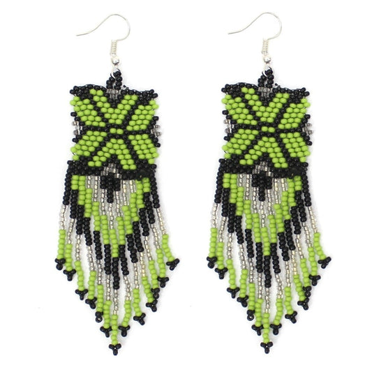 Handmade Beaded Green Seed Bead Native Style Earrings