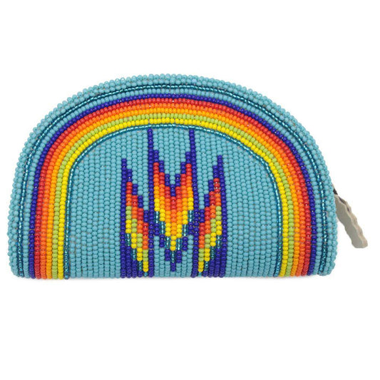 Hand Beaded Native American Inspired Ethnic Style Seed Bead Coin Purse - Cyan Rainbow