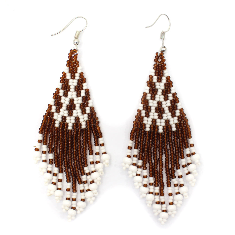 Brown and White Beaded Fringe Earrings