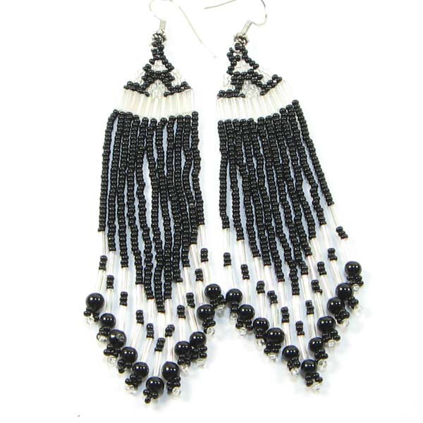 Black Silver Tone Seed Beaded Earrings Handmade