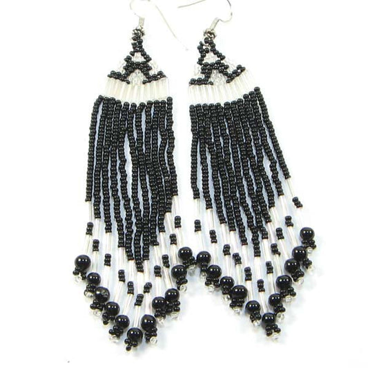 Black Silver Tone Seed Beaded Earrings Handmade