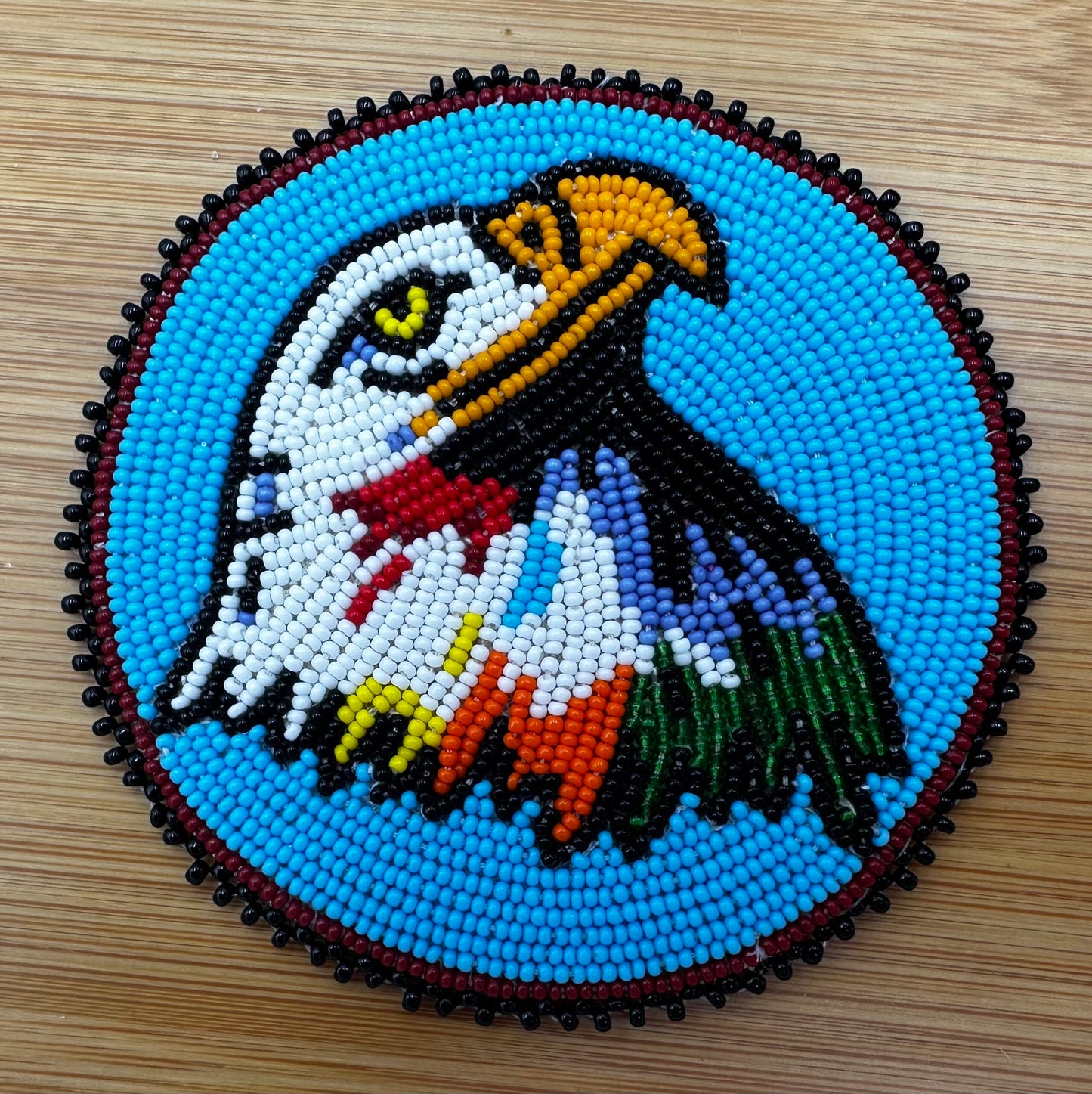 Handmade beaded Cyan Blue Eagle rosette/applique 3”