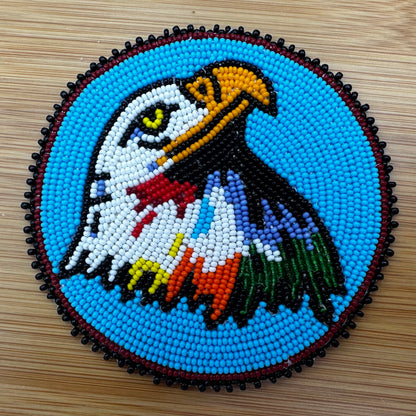 Handmade beaded Cyan Blue Eagle rosette/applique 3”