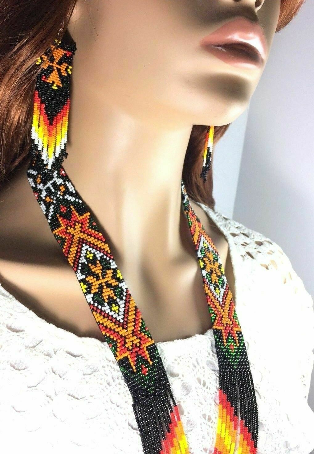 Handcrafted Ethnic Native Style Multi-Color Geometric Pattern Beaded Necklace Earrings Set