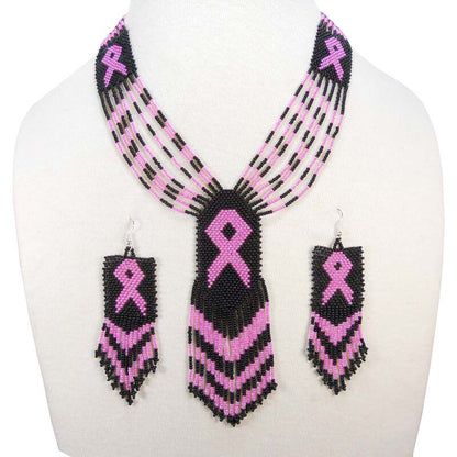 Black Seed Beads Pink Ribbon Cancer Awareness Beaded Necklace Earrings Set