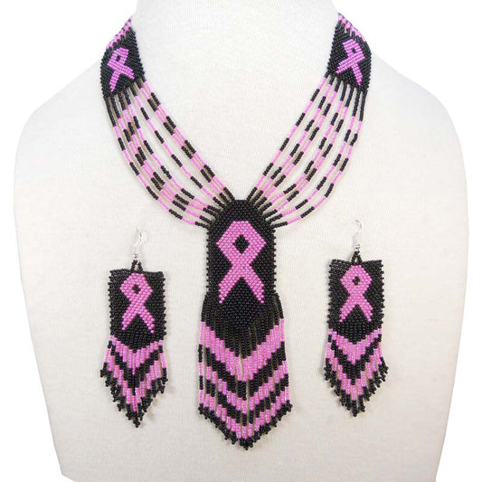 Black Seed Beads Pink Ribbon Cancer Awareness Beaded Necklace Earrings Set