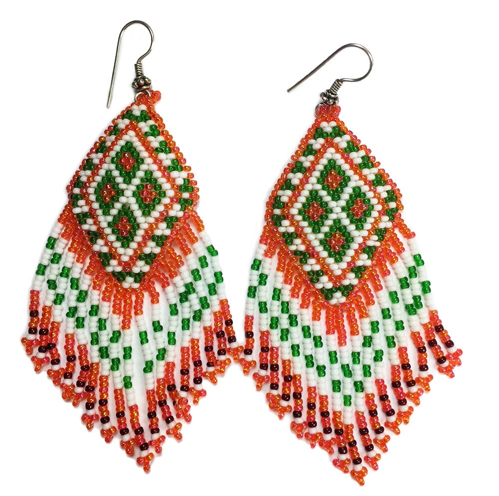 Vibrant Orange, Green, and White Geometric Beaded Earrings