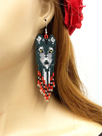 Handmade Beaded Green Wolf Seed Bead Big Earrings