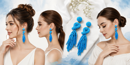 Handmade Beaded Solid Cyan Blue Color Post Statement Earrings for Women All Season - 4 inch Long Dangle with Celtic Knot Design - Czech Seed Beads - Cyan Blue