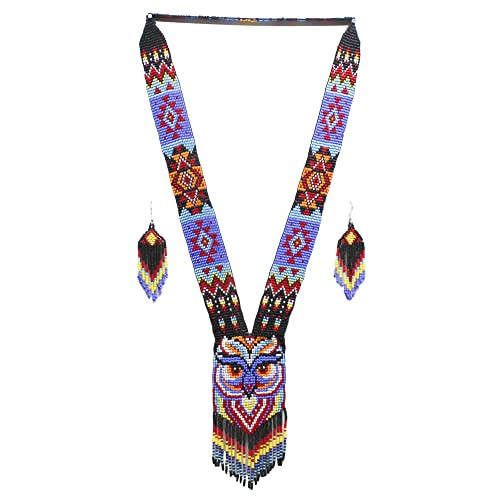 Native Tribal Style Long Statement Beaded Necklace for Women Y Shape - Black Purple Owl
