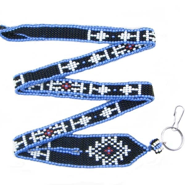 Black White Blue Seed Beaded Medicine Man's Eye Beadwork Lanyard Id Holder