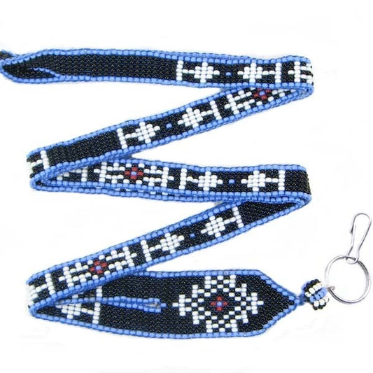 Black White Blue Seed Beaded Medicine Man's Eye Beadwork Lanyard Id Holder