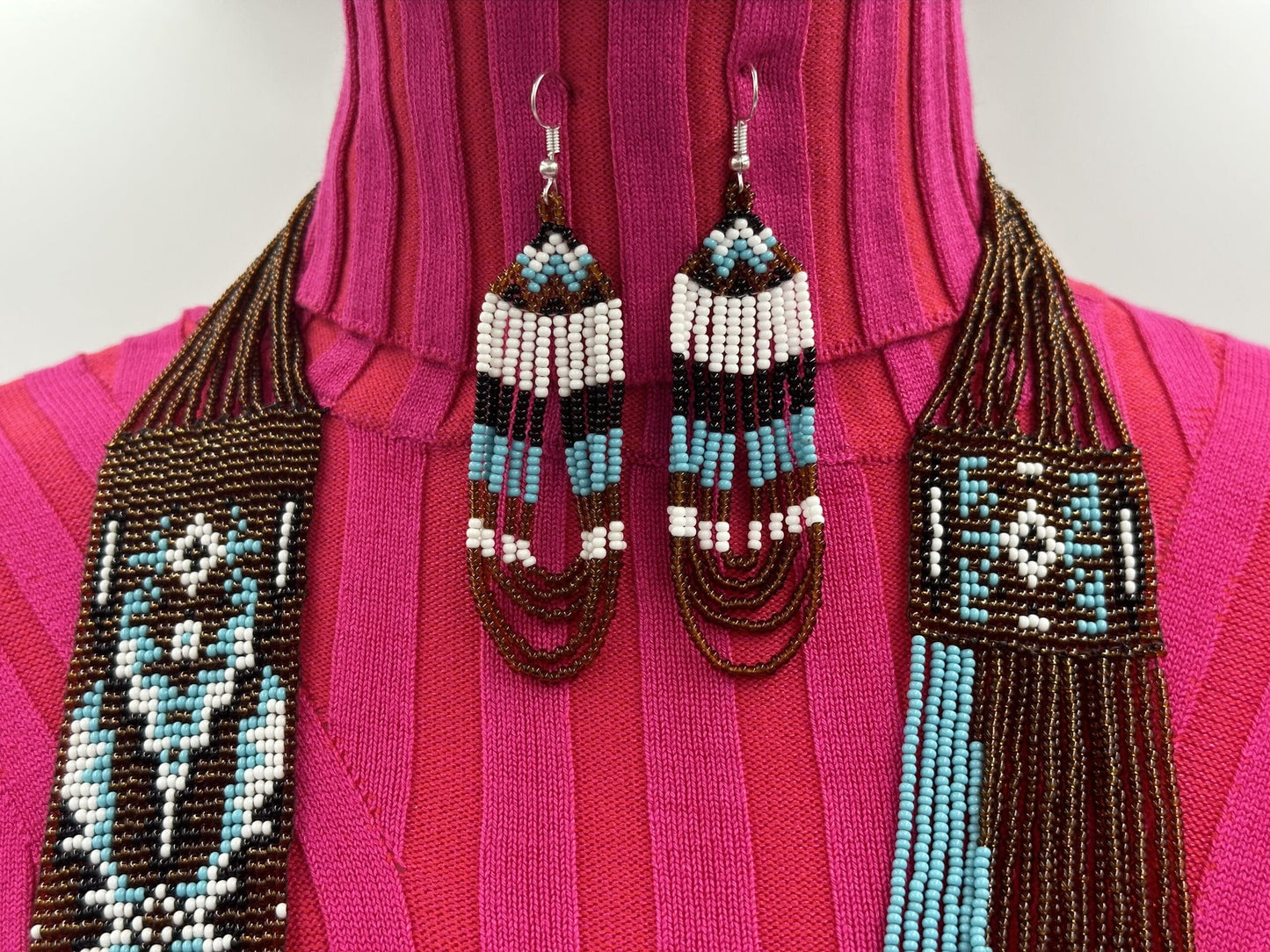 Brown and Cyan Boho Beaded Necklace &amp; Earrings Set