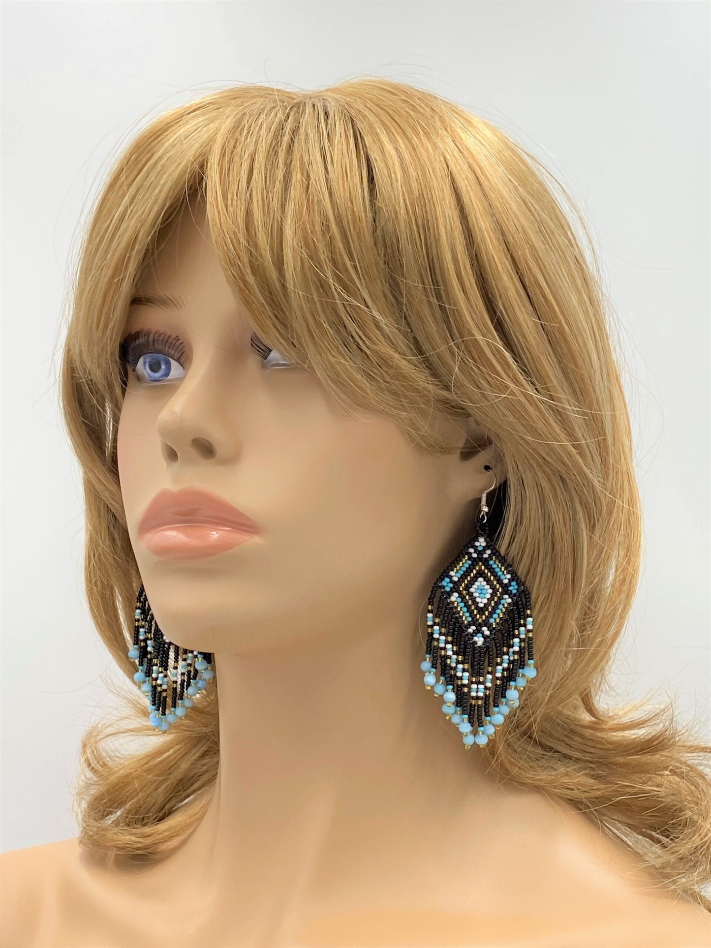 Handmade beaded Black Cyan Blue Native style hook earrings