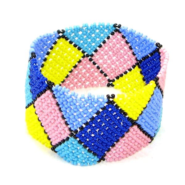 Handmade Beaded Blue Pink Seed Bead Stretchable Soft Cuff Bracelet