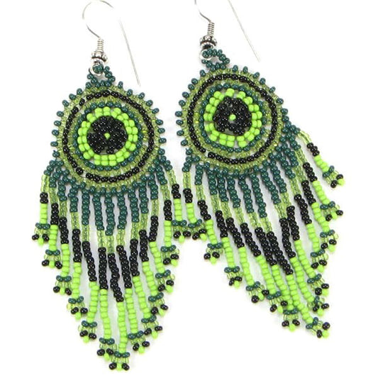 Handmade Beaded Green Seed Bead Big Native Style Earrings