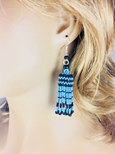 Handmade Beaded Turquoise Blue Black Hook Earrings