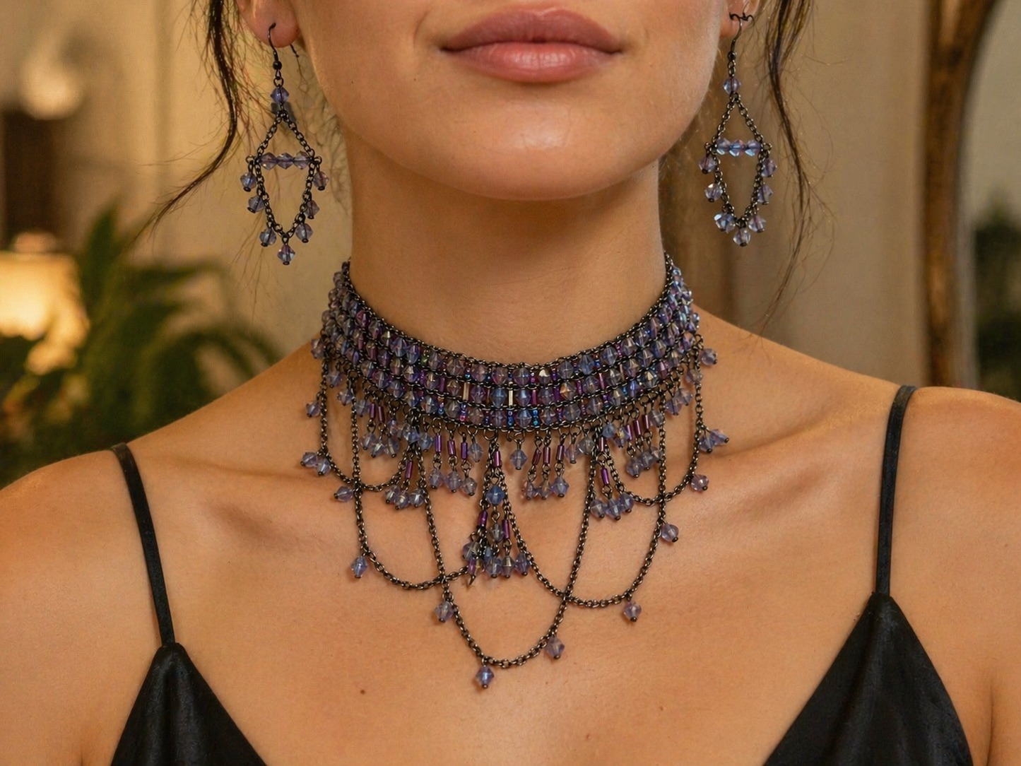 Bohemian Beaded Fringe Choker Set – 3-in-1 Bundle (Purple, Blue & Green) | Statement Necklace & Earrings Set