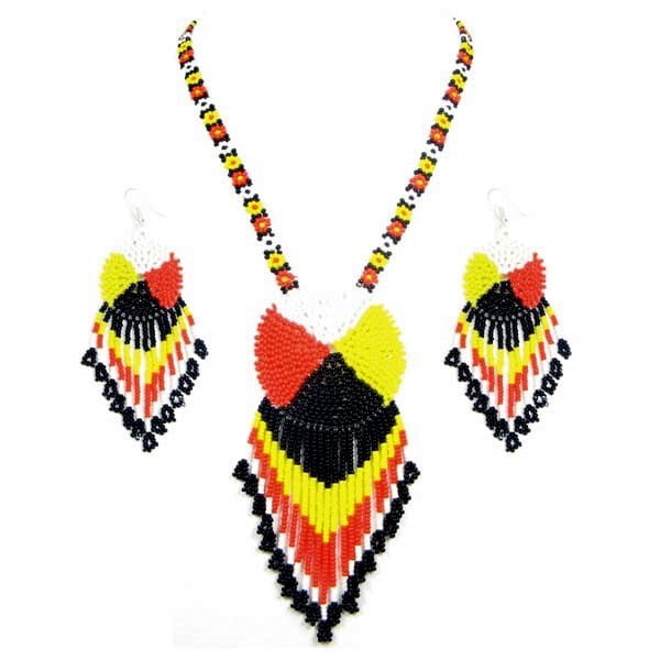 Black Yellow Red Black Seed Beaded Medicine Wheel Necklace Earrings Set