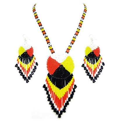 Black Yellow Red Black Seed Beaded Medicine Wheel Necklace Earrings Set