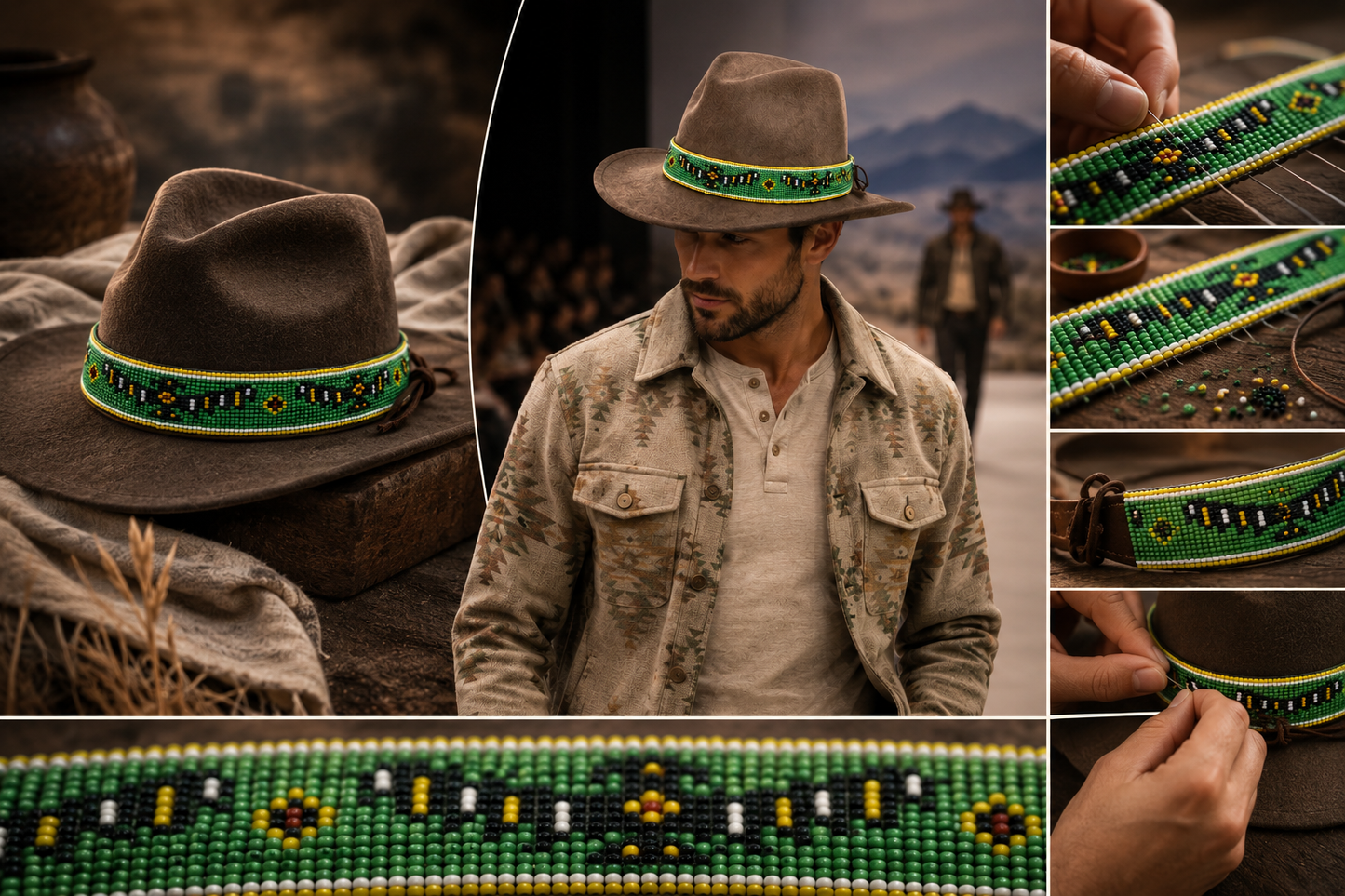 Handmade Czech Seed Bead Adjustable Hat Band – Green Western Hatband with Yellow and Black
