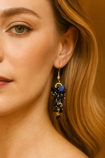 Blue Goldstone Gemstone Dangle Earrings – Handmade with Gold Accents