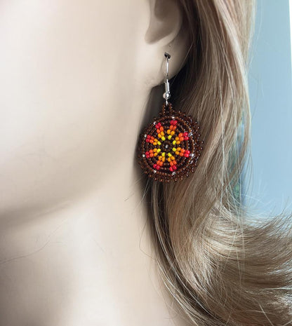 Handmade Beaded Cute Round Brown Earrings