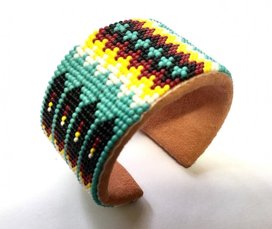 Handmade Seed Beaded Blue Fire Pattern Hard Cuff Leather Bracelet - South Western Style