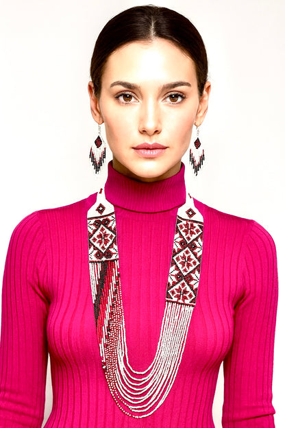 Handmade Beaded Necklace and Earring Set – Red, White & Black Tribal Pattern